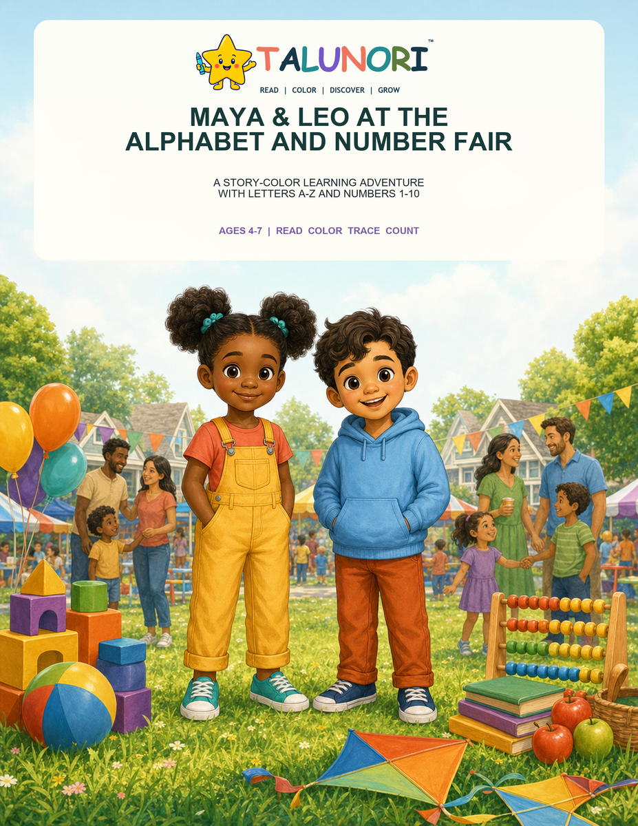 Maya and Leo at the Alphabet and Number Fair - Digital Story-Color Book