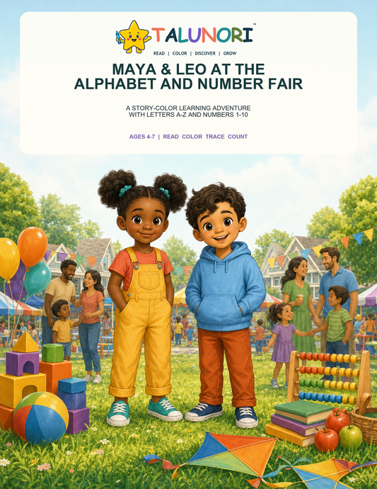Maya and Leo at the Alphabet and Number Fair - Digital Story-Color Book