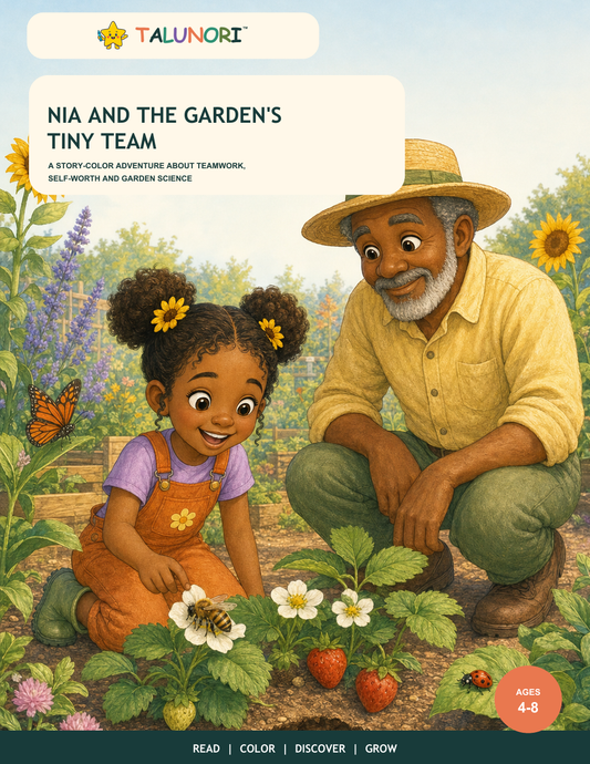 Nia and the Garden's Tiny Team — Digital Story-Color Book